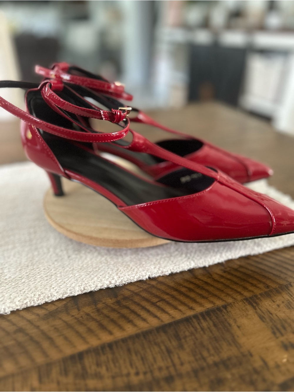 SHEIN Red Patent Pointed Kitten-Heel Ankle-Strap Pumps